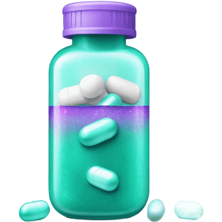 white pill bottle with teal medicine capsule, sparkles and texture light purple emoji