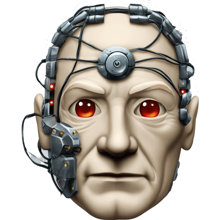 Jean luc picard from Star Trek assimilated by the Borg, with mechanical metal covering the left side of his face, with wires and a red light on the left side. His eyes are blue emoji