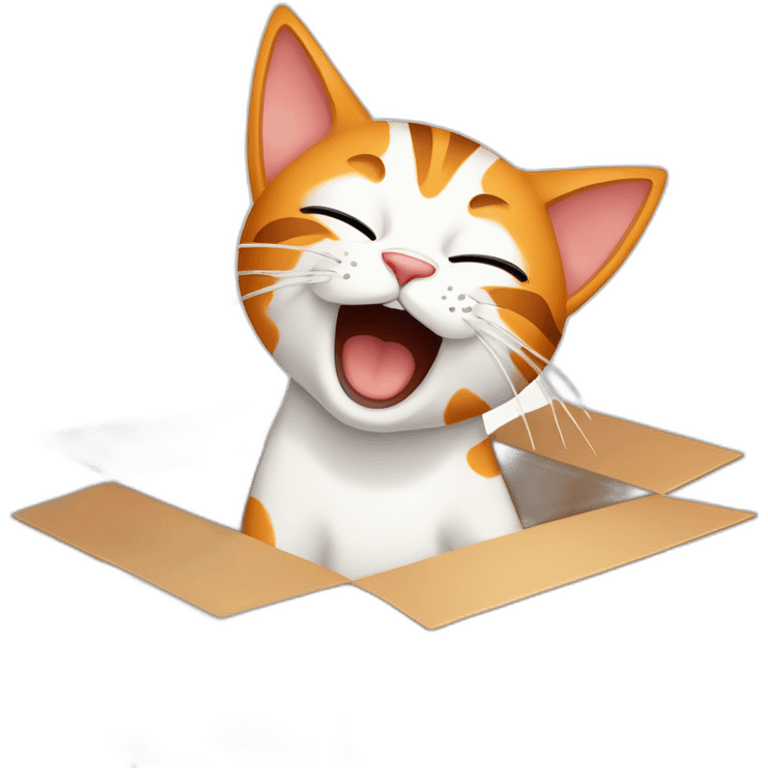 Cartoon art, a cat inside a box, yawning or stretching, simple lines, bright colors, white background, orange, white, and brown colors emoji