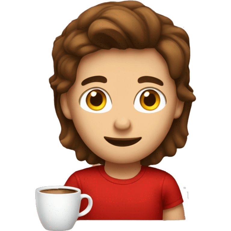 barista boy in a red t-shirt with long brown hair, with a cup of coffee in a hand emoji