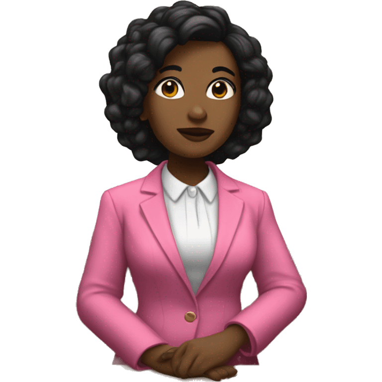 Rear view of Black female Historian with pink blazer and short black hair standing in court emoji