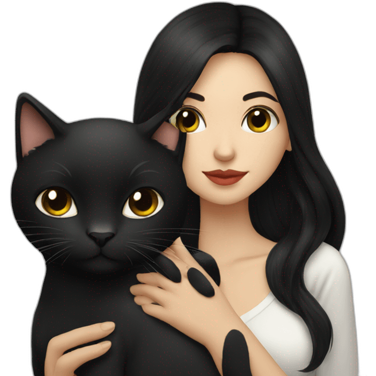 Russian woman with long black hair kissing black cat emoji