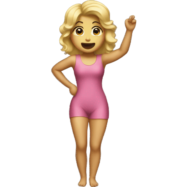 Blonde girl singing in one legged body suit emoji