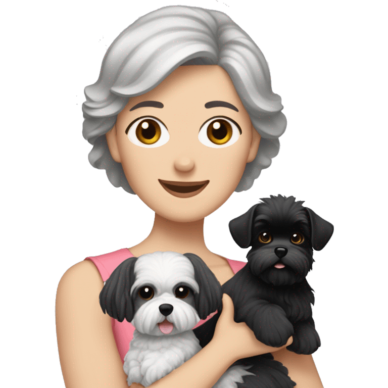 Caucasian women with short grey hair holding two dogs one black shih tzu and one white bichon frise emoji