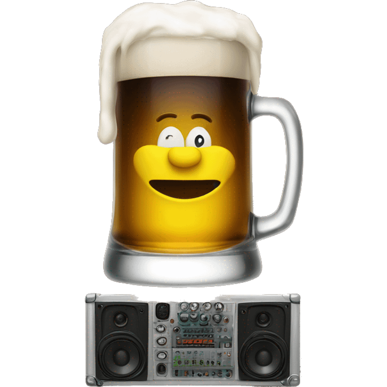 Sound system behind beer mug and stage emoji