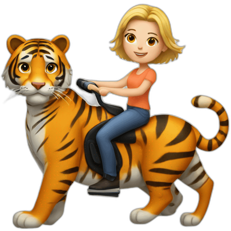 short haired white girl riding a cartoon tiger emoji