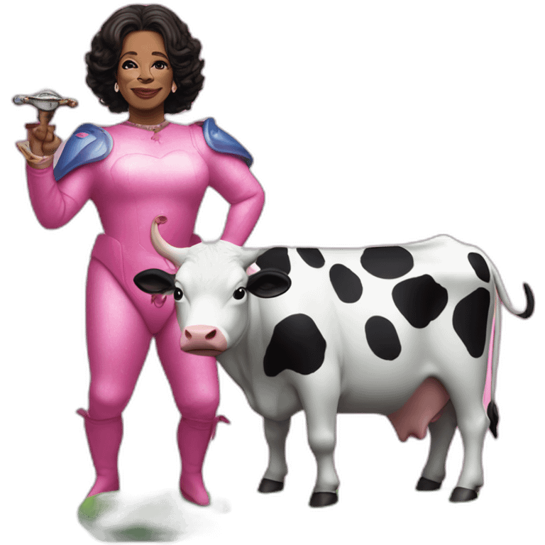 Oprah is mr blobby with a sword eating a live cow emoji