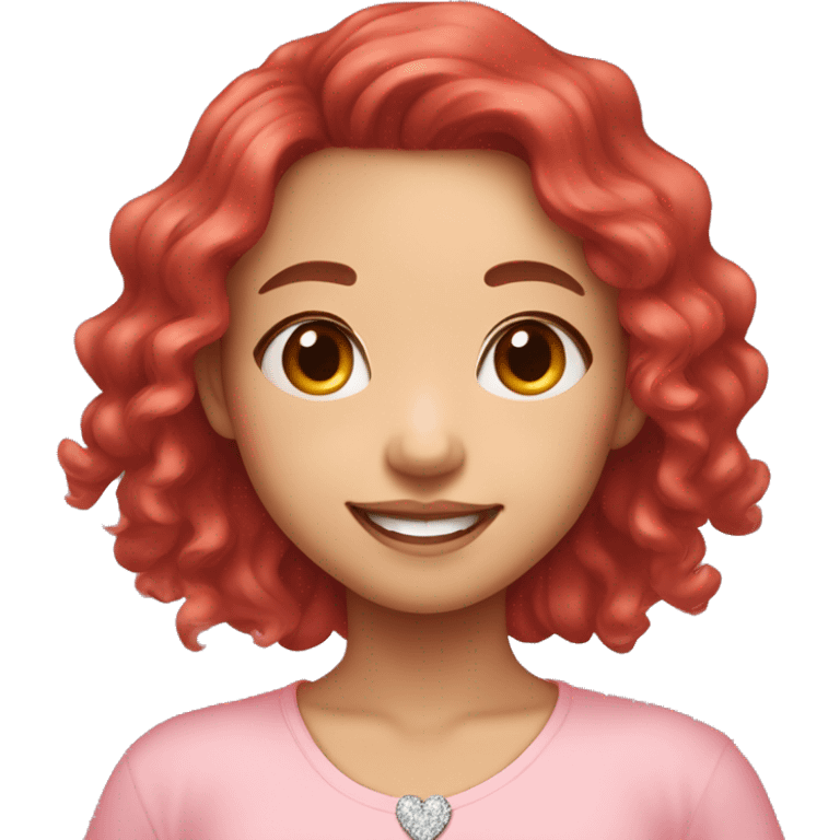 Asian girl, bright smile, red long hair and a little bit curly, pretty bright skin, wearing diamond bud earrings, a heart shape necklace and pink pastel shirt  emoji