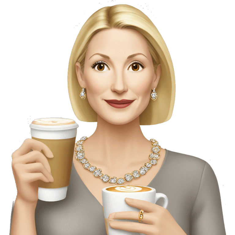 Kelly Rutherford with jewellery wearing white drinking cappucino emoji