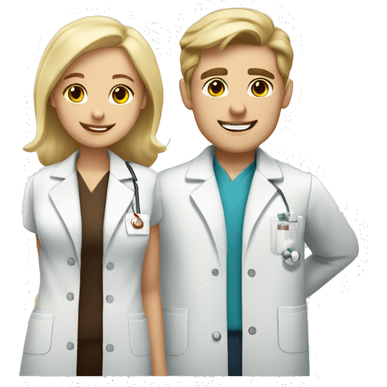 blonde female pharmacist and white male chemist with dark brown hair in love emoji