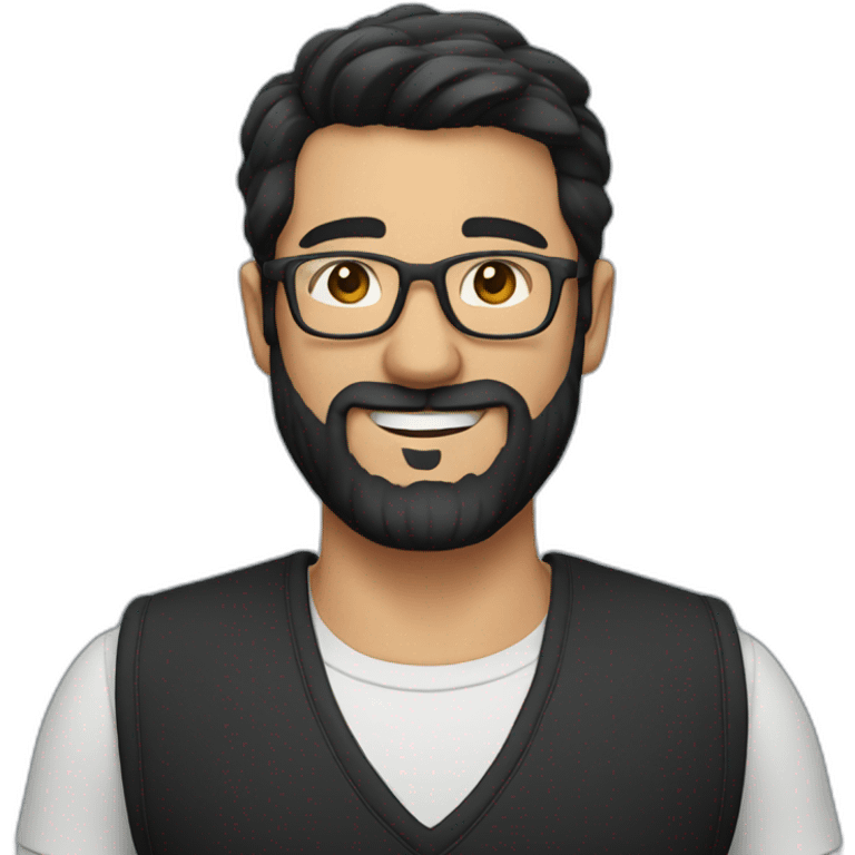 Smiling man with short black hair and glasses and beard wearing a black vest emoji