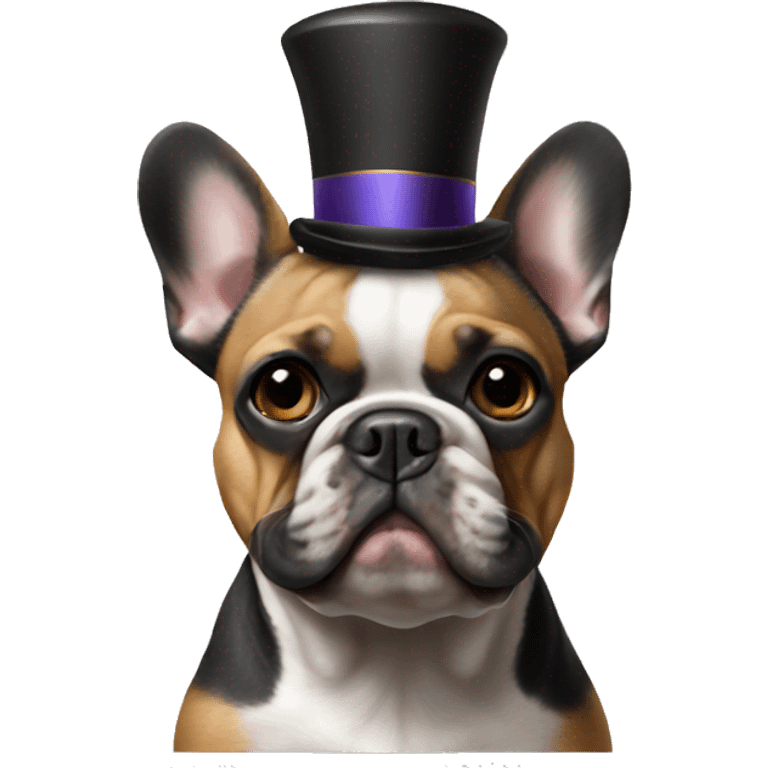 Black-and-tan French bulldog wearing a clown hat emoji