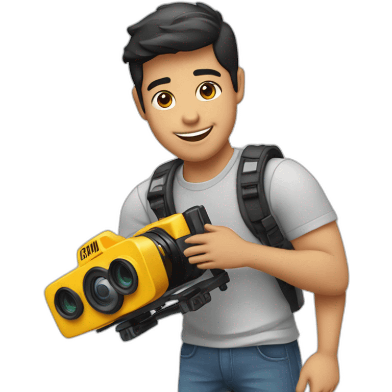 Menino moreno com gimbal na mão filmando emoji