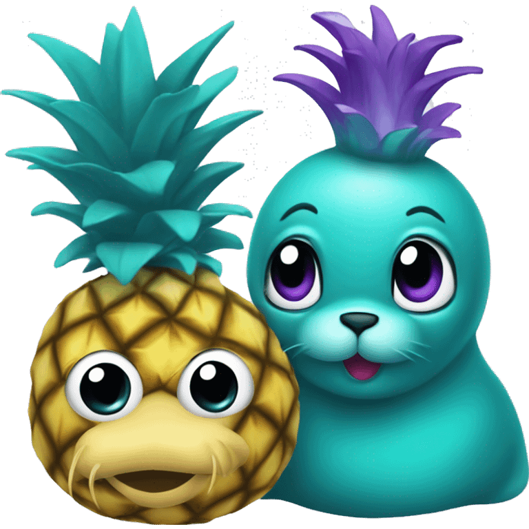 teal seal that is teal with a purple pineapple that is purple on its head emoji