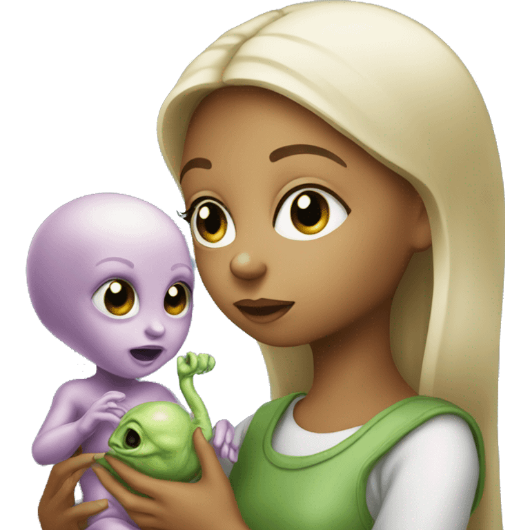 A girl is feeding a baby alien  emoji