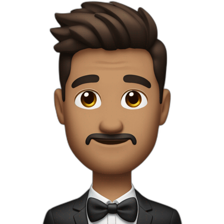 Quiff, 5'o clock shadow beard, short man, dark brown skintone, wearing airpods pro 2, formal wear, round face, medium sized nose, brown eyes emoji