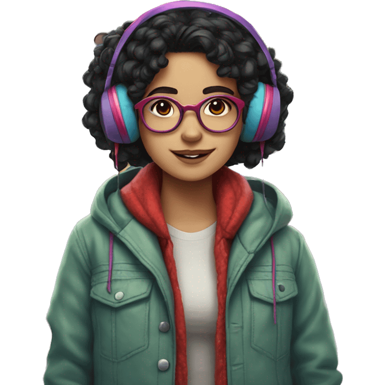 jewish girl, big thick red glasses, rainbow headphones, curly black hair, freckles, colorful jacket emoji