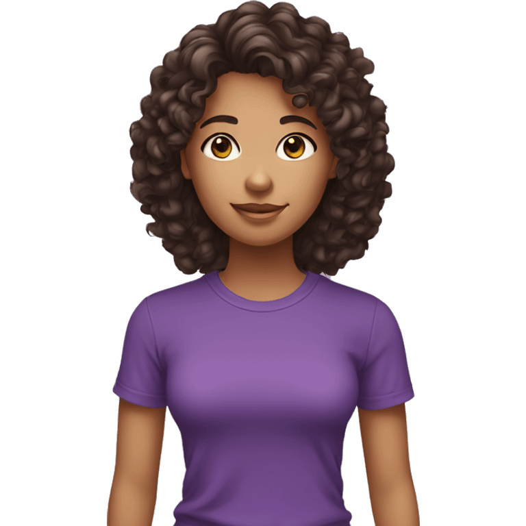 a girl with mid large dark brown curly hair and a purple tshirt emoji