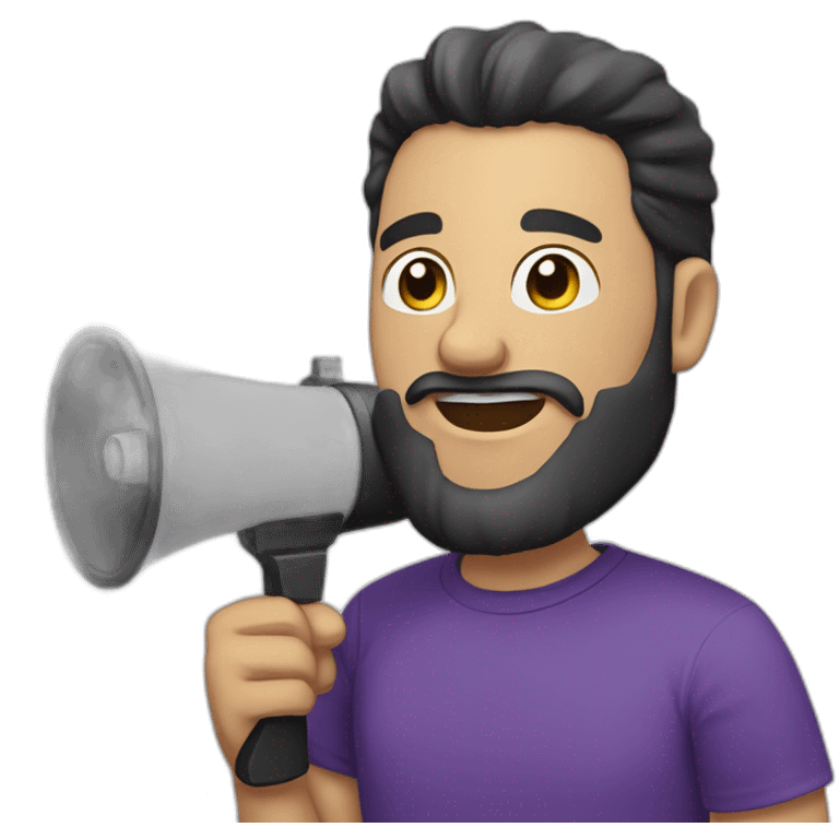 a white man with a black beard, holding a megaphone next to his mouth, he wears a purple tshirt, smiling, emoji