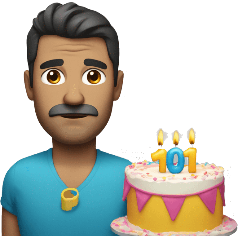 Middle aged dark haired man wearing pool armbands, holding a big birthday cake with a sad face emoji