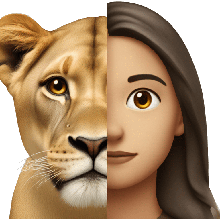 Half of the brunette girl's face together with half of the lioness's face in one emoji