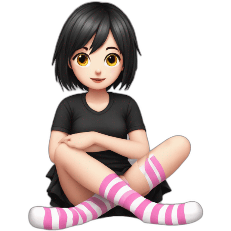 full body Front view emo girl sits on the floor black skirt pink knickers long striped socks emoji