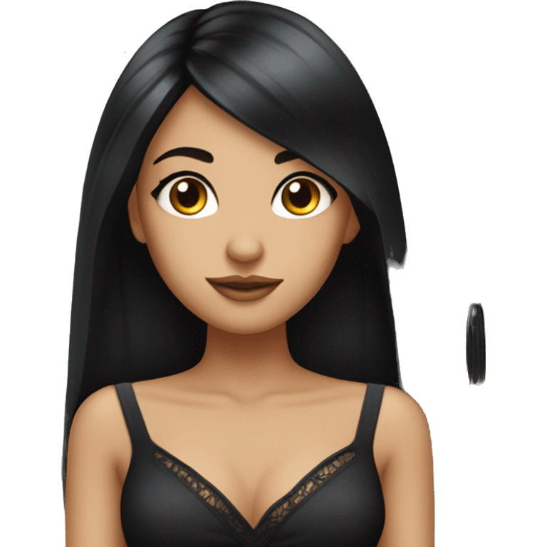 Extremely beautiful girl with black straight hair that looks like witch dressed in black dress  emoji