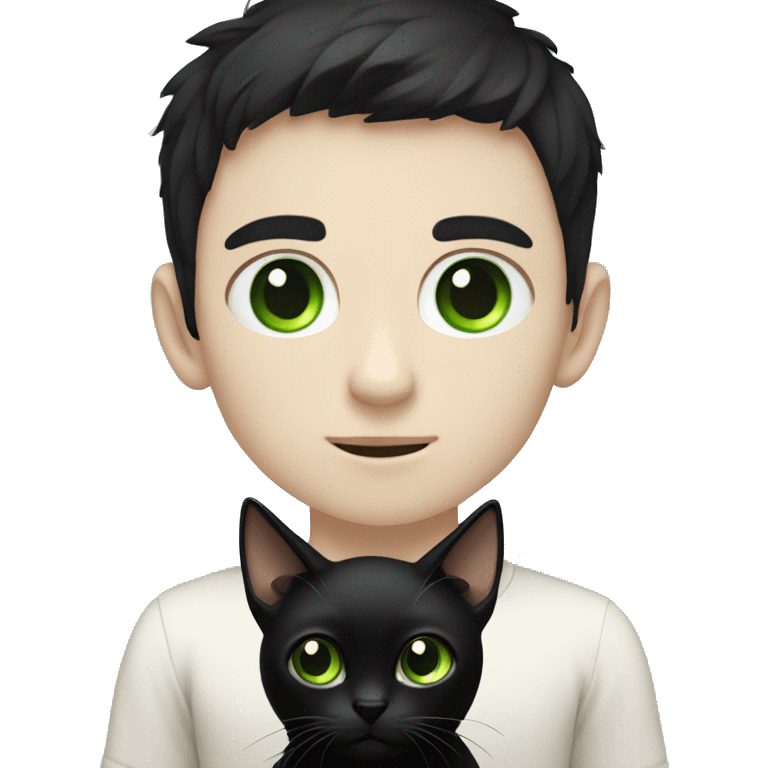 pale boy with black hair and black eyes holding a black cat with green eyes emoji