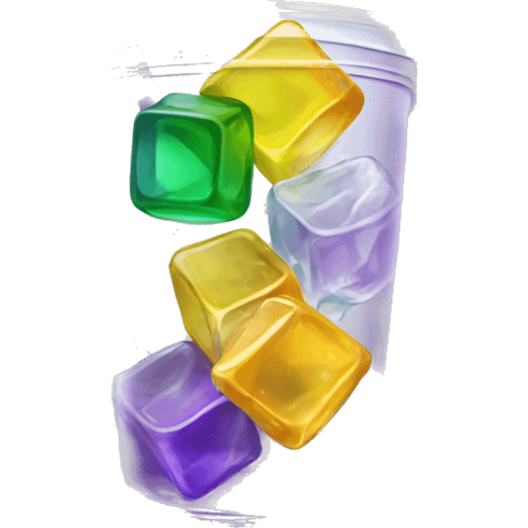 Realistic see through plastic cup and lid with half full Transluscent yellow, green ,purple soda,straw and large ice cubes inside. emoji