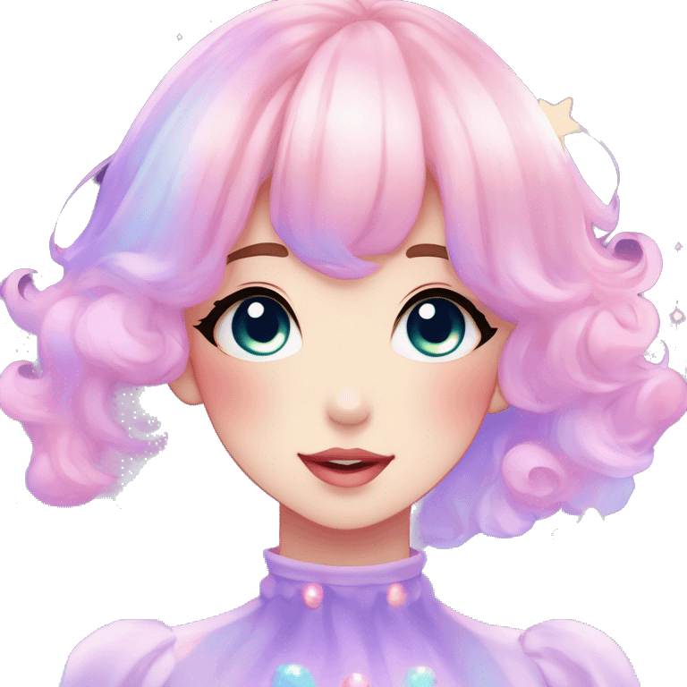 Gorgeous pastel anime style lady blushing nebula-gradient-sparkle face dreamy idol model colorful shiny stars galaxy kawaii cottagecore pearly petite simplistic aesthetic trending style emoji