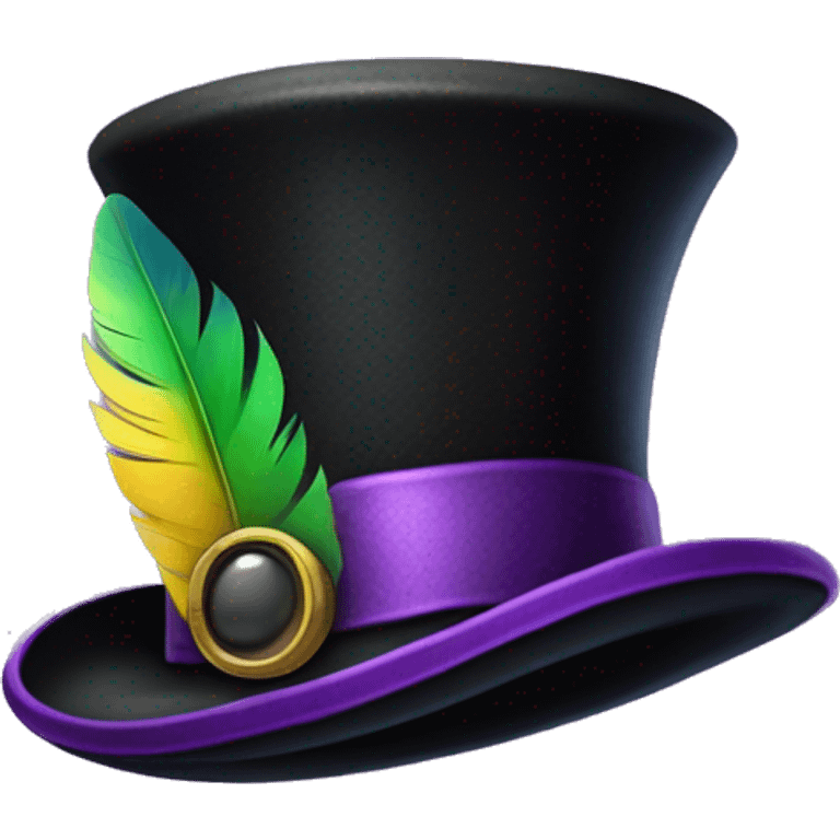 Realistic isolated black voodoo top hat with purple buckle around top of hat with purple,green,and yellow feather stuck in it. emoji