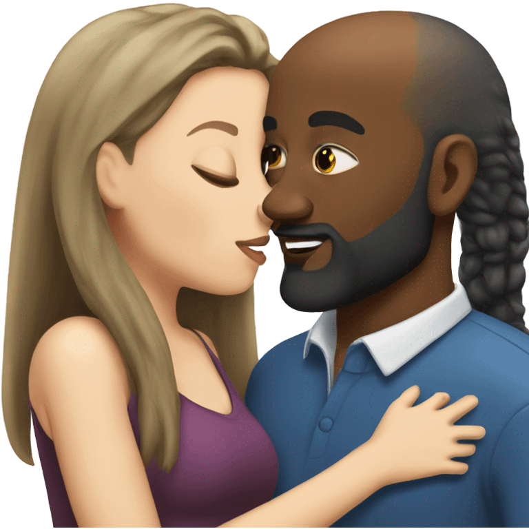 White girl brunette kissing black bald man with beard emoji