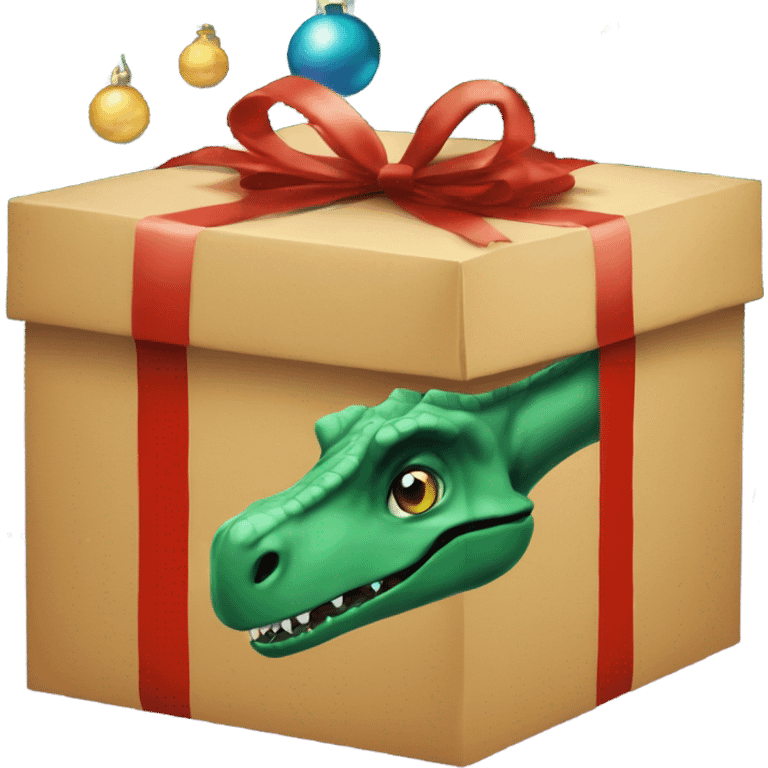 Dinosaur peering over the top of Christmas Present emoji