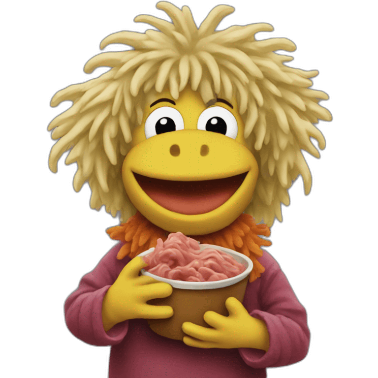 Fraggle with blond hair eating beef emoji