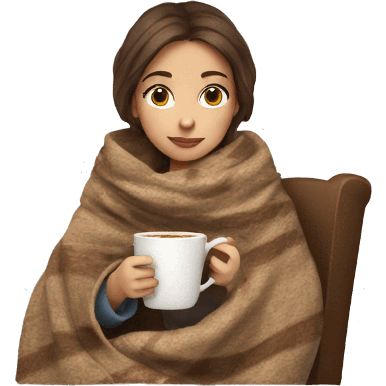 brown hair girl drinking cappuccino wrapped up with a cozy blanket emoji