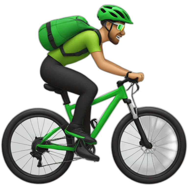 mountain biker with a green bicycle, and black pants, with a scarf and hat, traveling at high speed emoji