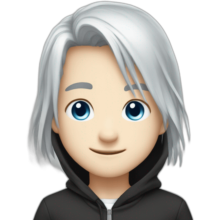 emote for a boy with head and shoulders only, chibi anime style, long straight white hair, blue eyes, black hoodie, Happy emoji