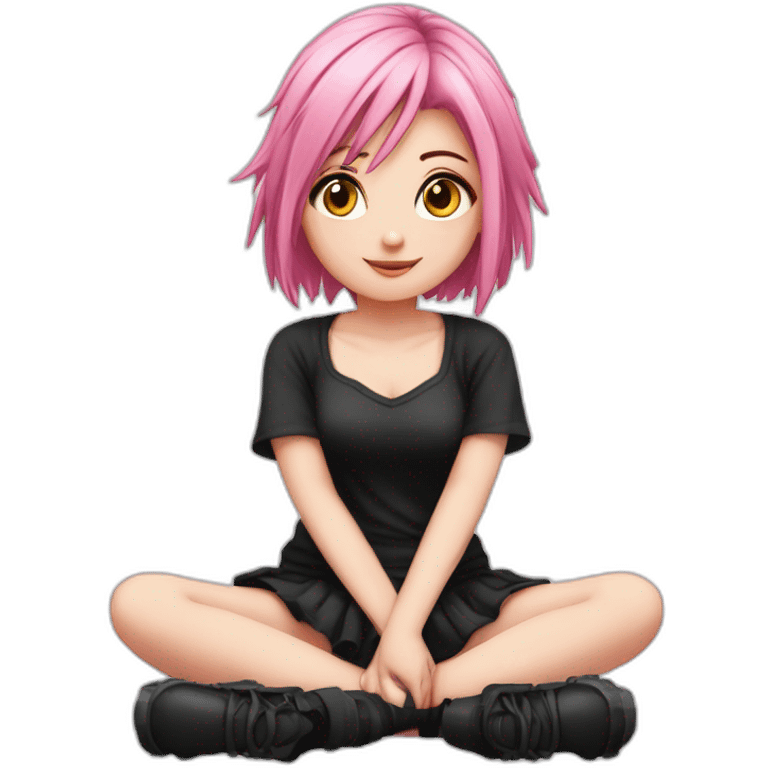 Full body Front view curvy emo girl pink hair sits on the floor straight view hands up black skirt белые трусики emoji