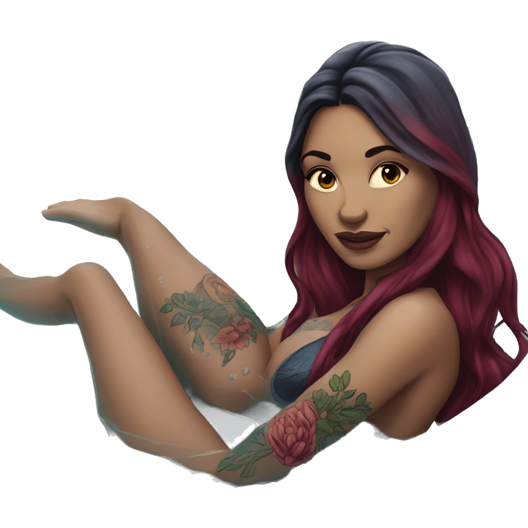 Beautiful tattooed  burgundy long haired woman swimming in a pool emoji