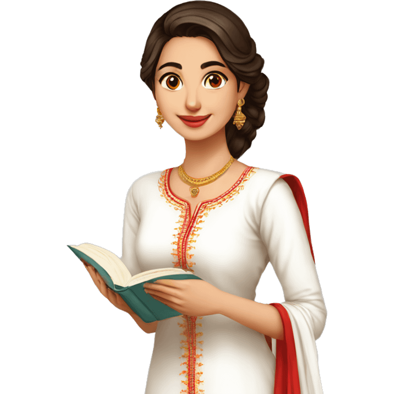 A modern women wearing white kurti no embroidery red dupatta and book in hand emoji