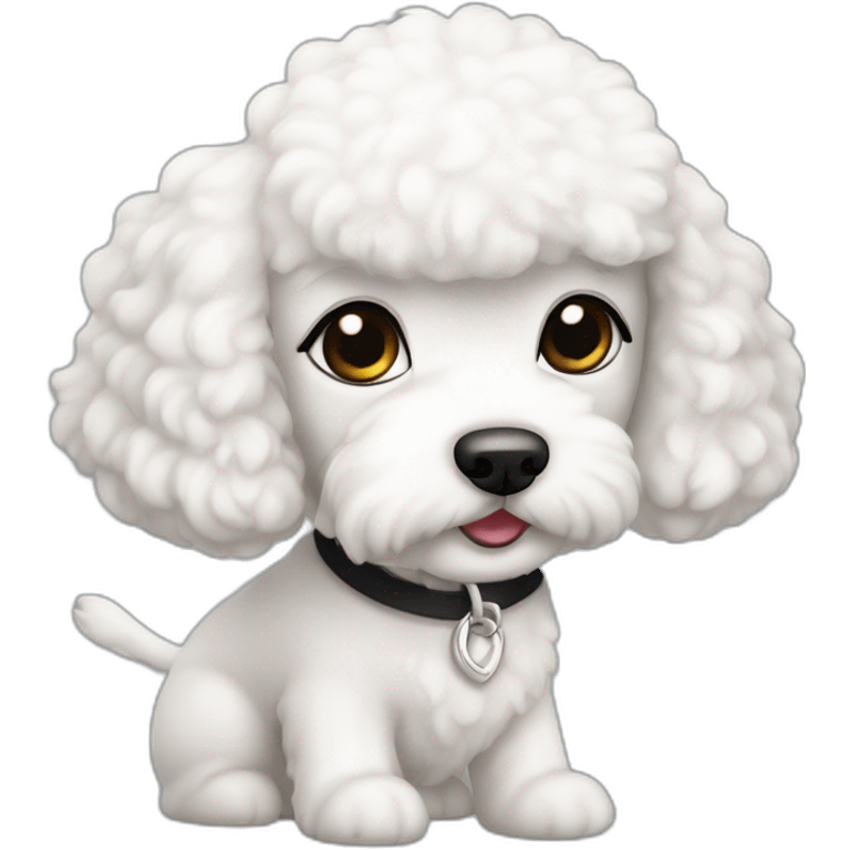 mujer piel blanca con moño negro y perro bichon blanco emoji