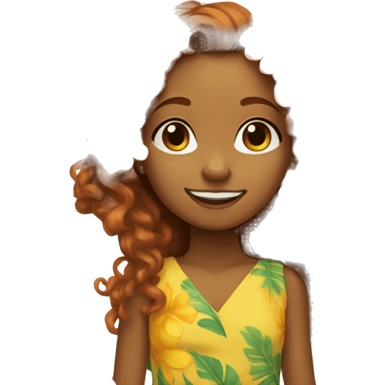 Brown skinned girl, long curly ginger hair, yellow Hawaiian flower in hair,  emoji