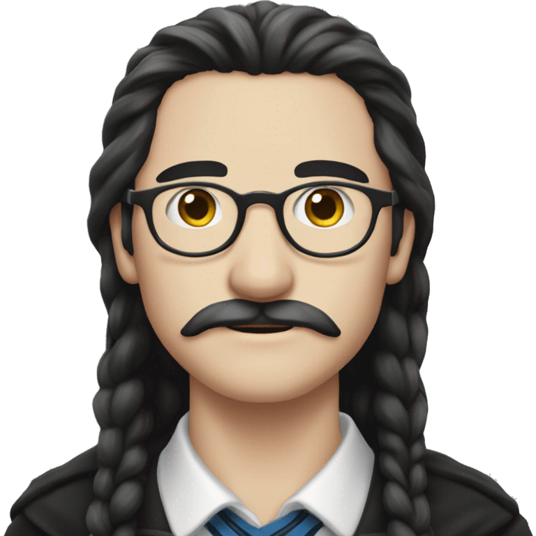 he has got white skin, he has got long black an very straight hair, he has got a mustache, he has got glasses, he is from ravenclaw emoji