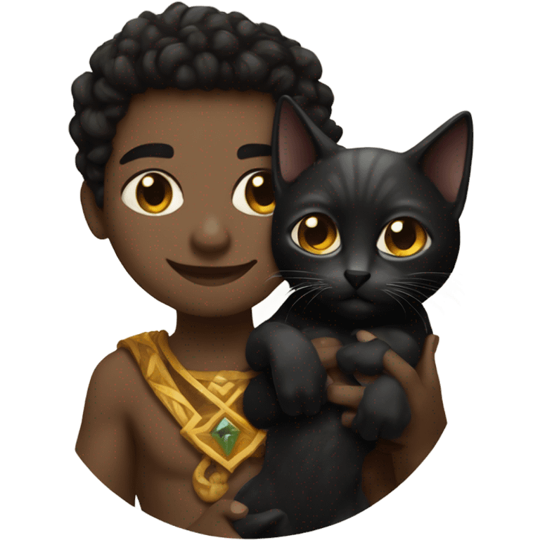 A sun warlock who has light skin and is holding a black kitten emoji