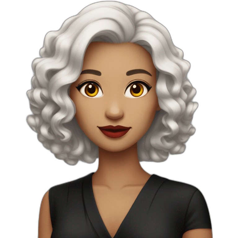 woman in a black cocktail dress red colored eyes ashen hair color emoji