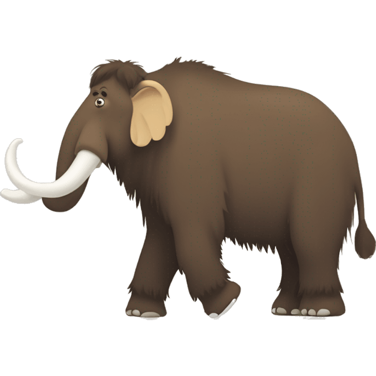 A side view full body shot of a brownish woolly mammoth with 2 tusks, 2 ears, 4 legs, 1 trunk, and 1 tail. 2D animation style, flat shapes, vector illustration. emoji