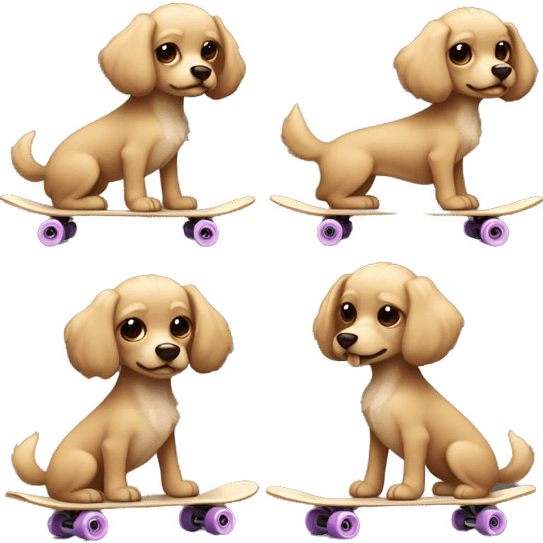 small dog with light tan curly fur, very very long ears down. dark brown eyes, mouth closed. on a skateboard emoji