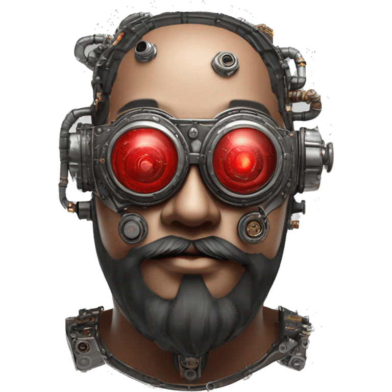 Fat cyborg head with red silver steampunk goggles, black beard and circuits emoji