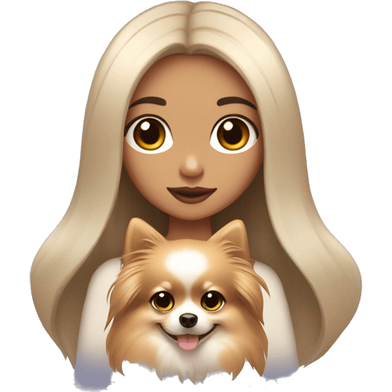 A girl with long black hair, light brown eyes, big lips, fair skin, holding a light pomeranian in her hands emoji