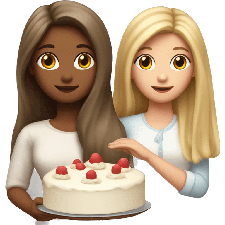 Girl with long blond hair and girl with brown straight hair together holding big white cake emoji